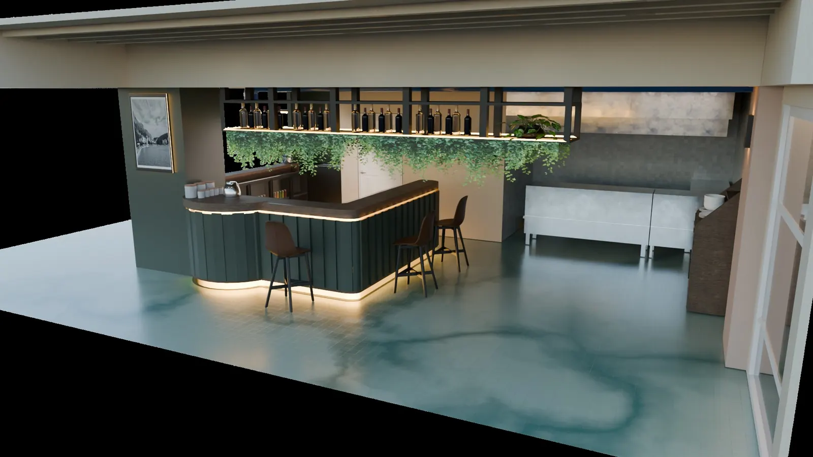 Brand Environment — A store interior in the brand's tones, with open shelving and a counter.